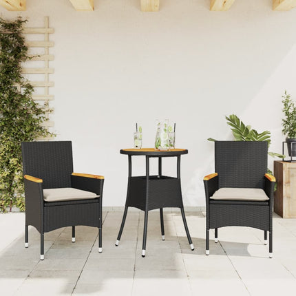 spisebordssæt til haven 3dele m. hynder polyrattan og glas sort