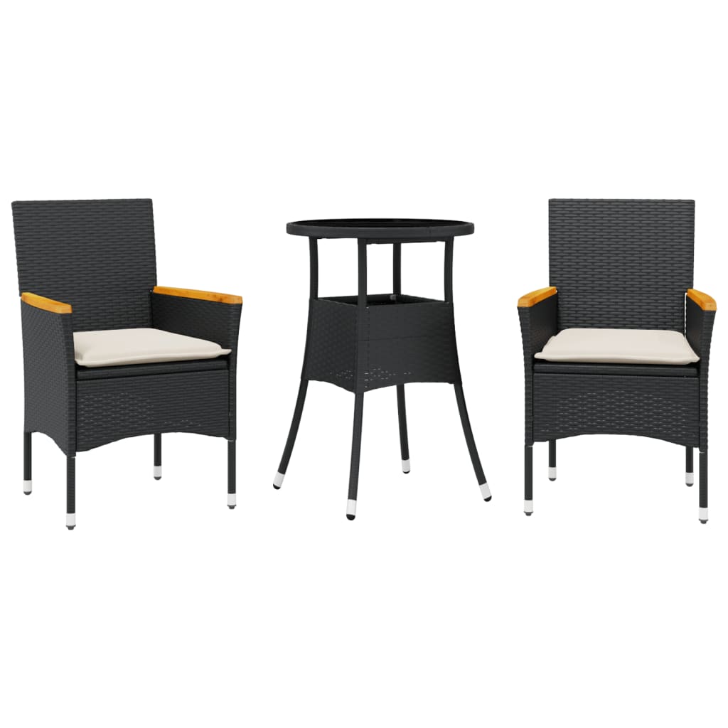 spisebordssæt til haven 3dele m. hynder polyrattan og glas sort