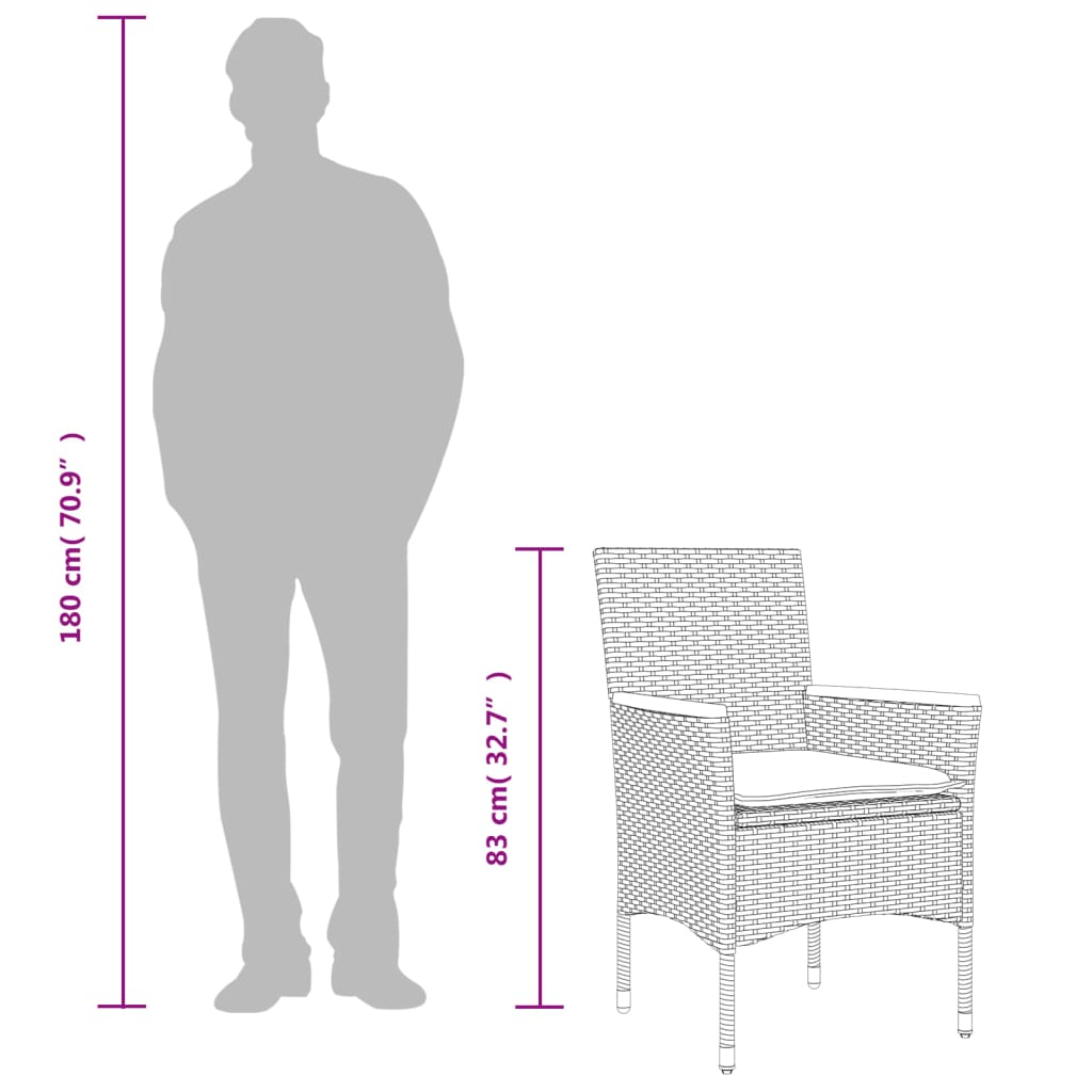 spisebordssæt til haven 3dele med hynder polyrattan og glas grå