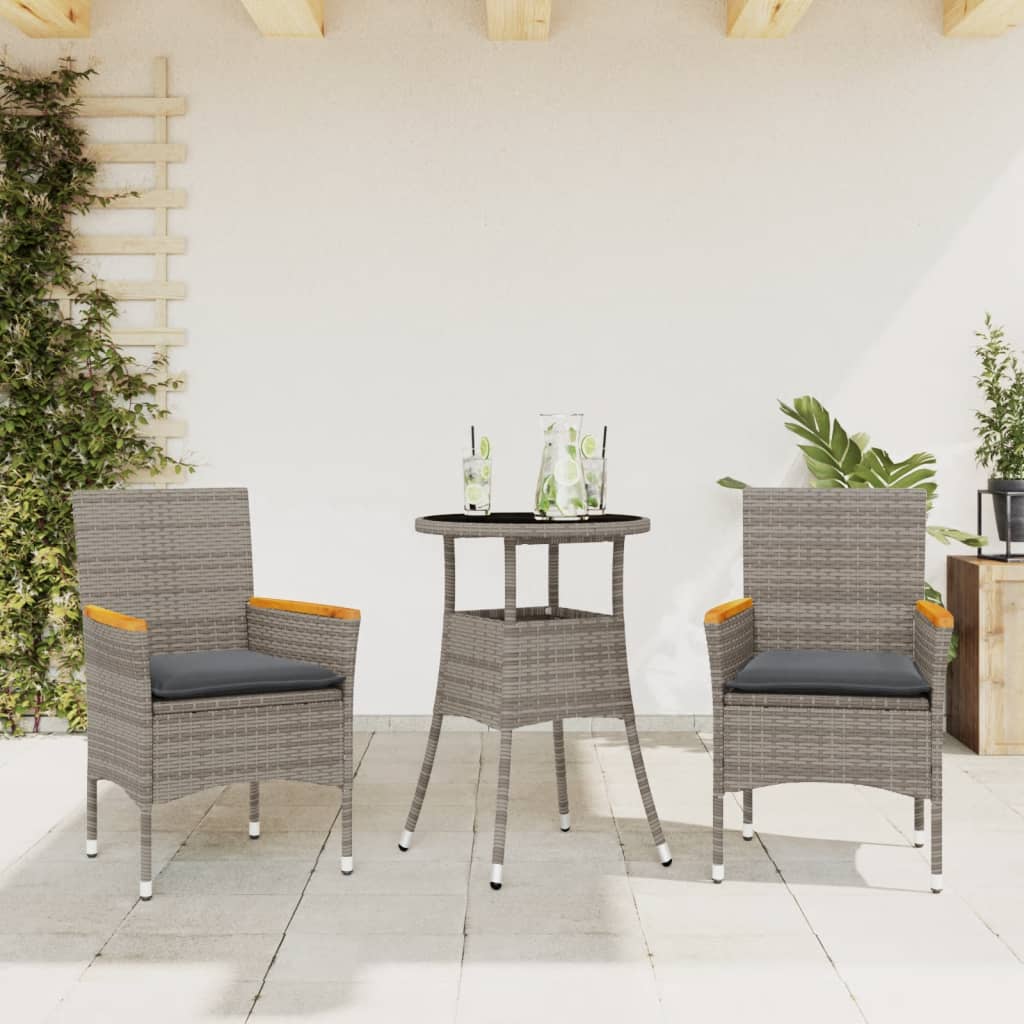 spisebordssæt til haven 3dele med hynder polyrattan og glas grå