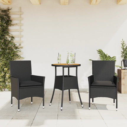 spisebordssæt til haven 3dele m. hynder polyrattan og glas sort