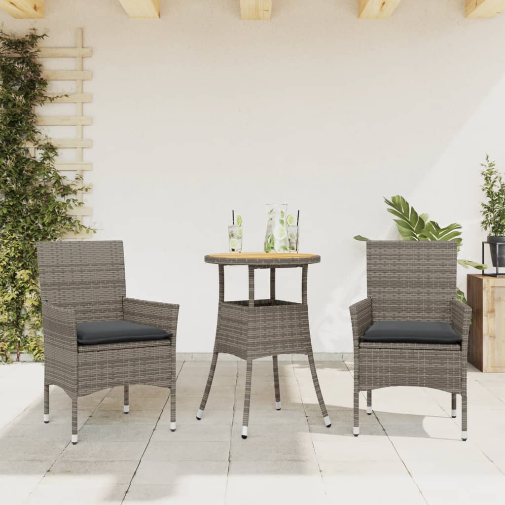 spisebordssæt til haven 3 dele med hynder polyrattan akacie grå