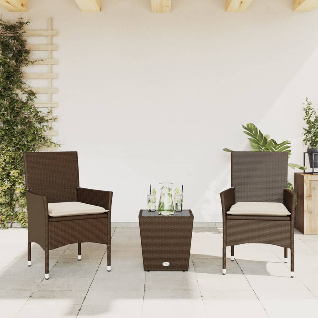 Bistrosæt Til Haven 3 Dele Med Hynder Polyrattan Og Glas - Brun / Armlæn i rattan