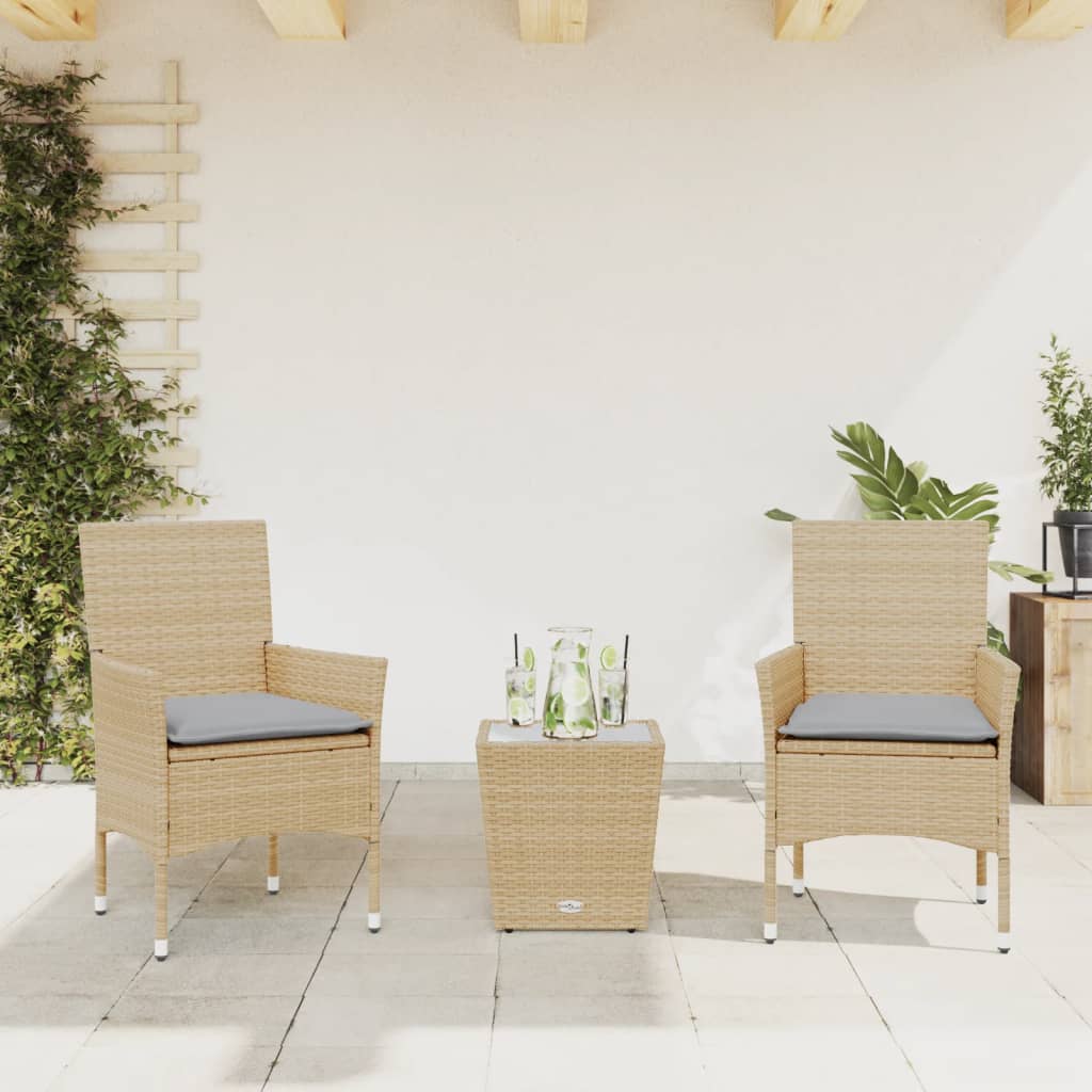 bistrost til haven 3 dele med hynder polyrattan og glas beige