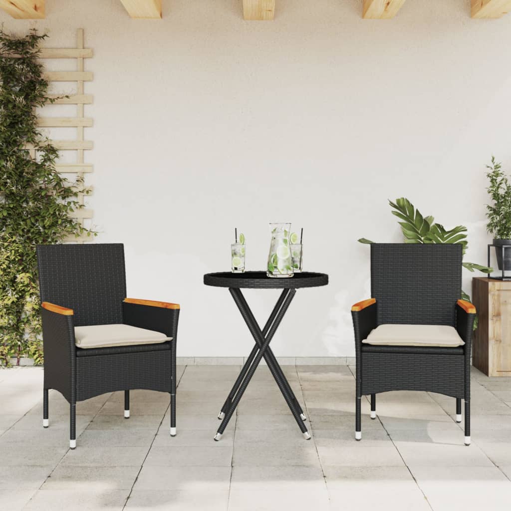 bistrost til haven 3 dele med hynder polyrattan og glas sort