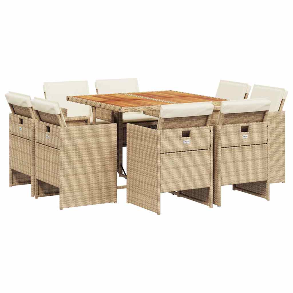 spisebordssæt til haven 9 dele med hynder polyrattan beige