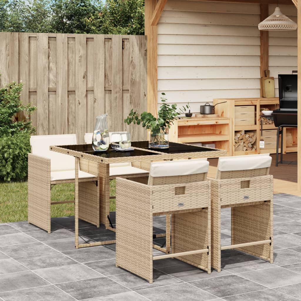 spisebordssæt til haven 5 dele med hynder polyrattan beige