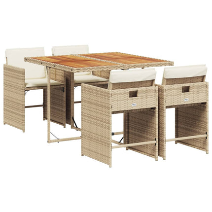 spisebordssæt til haven 5 dele med hynder polyrattan beige