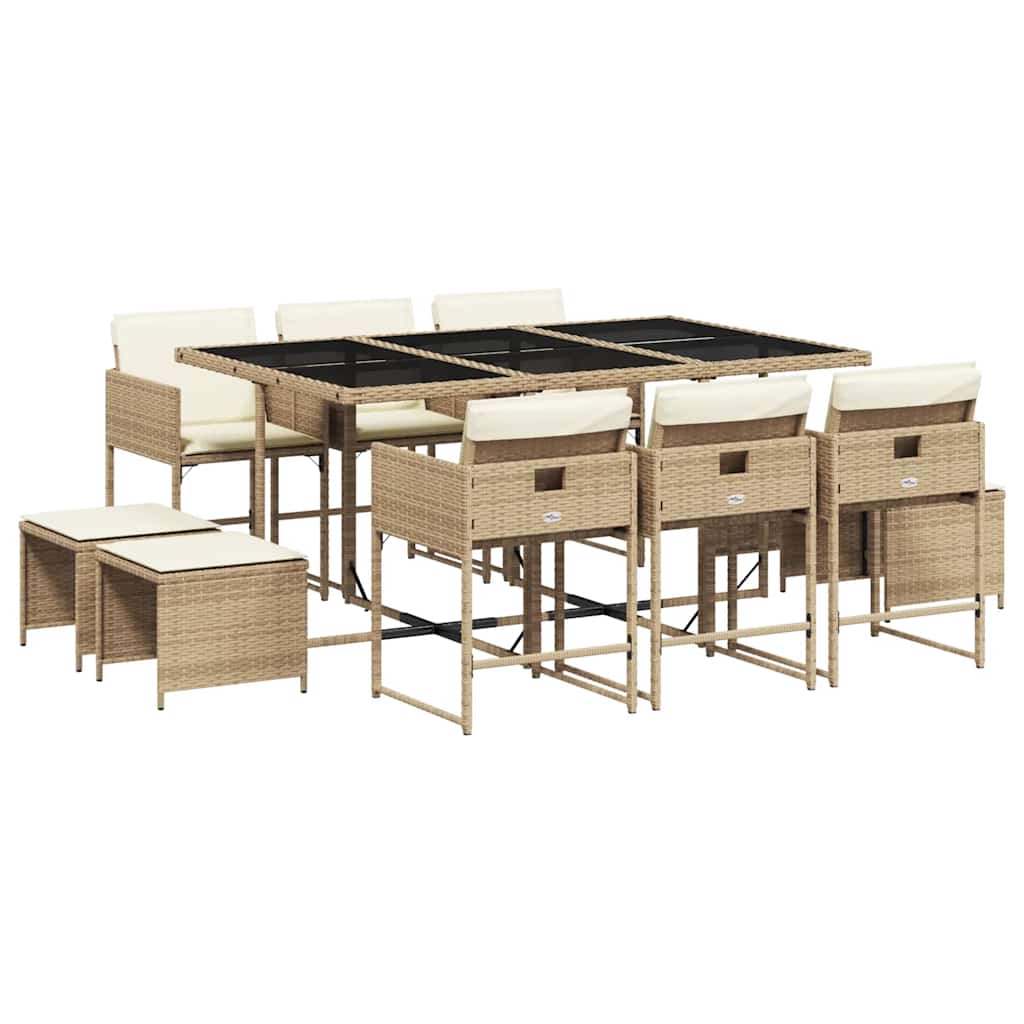 spisebordssæt til haven 11 dele med hynder polyrattan beige