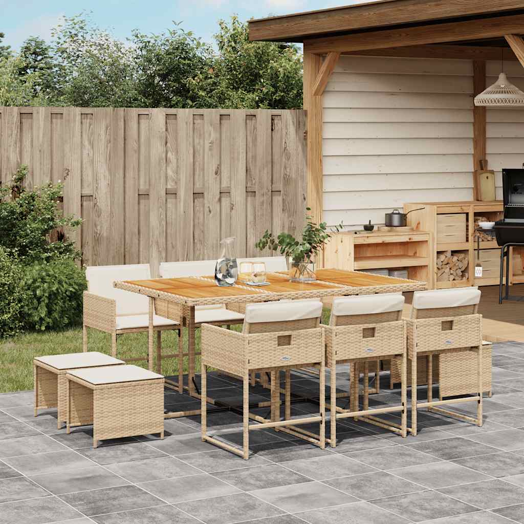 spisebordssæt til haven 11 dele med hynder polyrattan beige