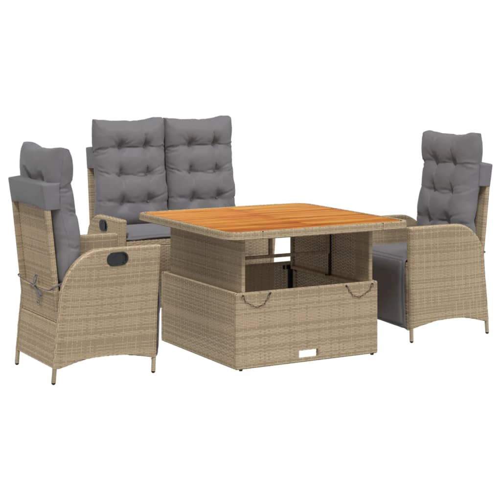 spisebordssæt til haven 4 dele med hynder polyrattan beige