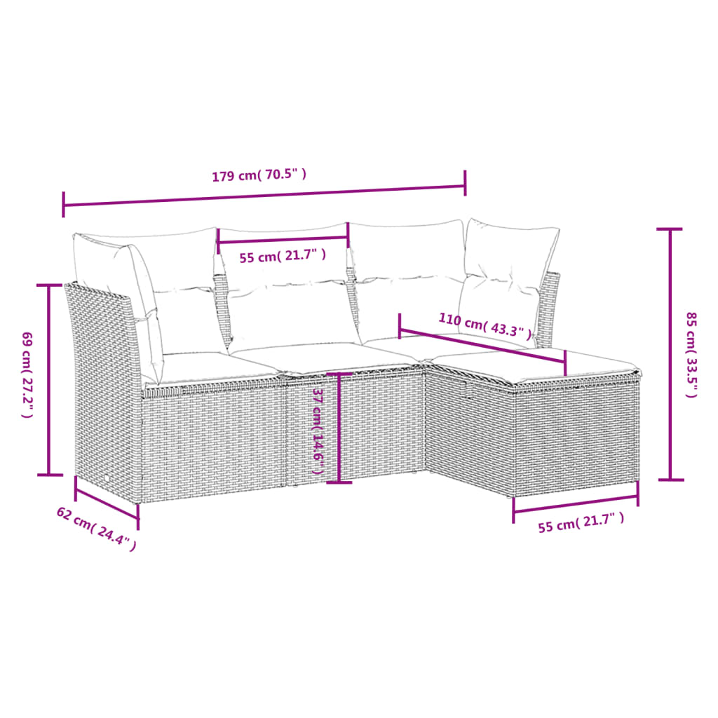 sofasæt til haven 4 dele med hynder polyrattan sort