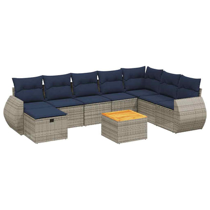 havesofasæt med 9 dele og hynder grå polyrattan