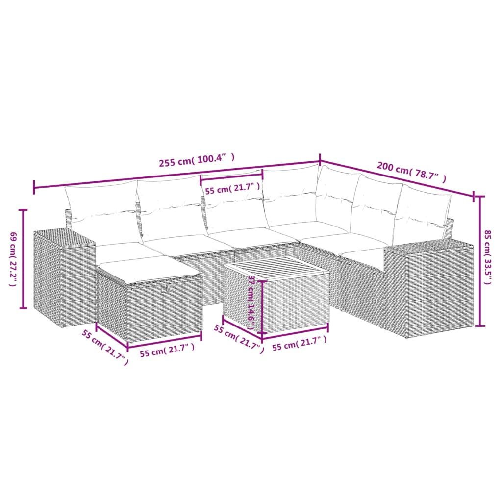 sofasæt til haven 8 dele med hynder polyrattan beige