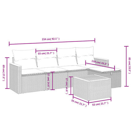 sofasæt til haven 6 dele med hynder polyrattan beige