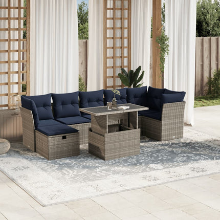 havesofasæt med 8 hynder grå polyrattan