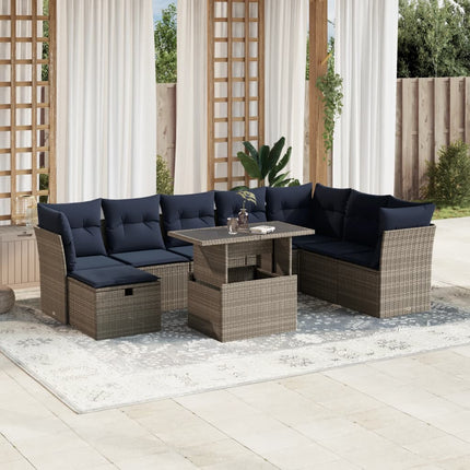 havesofasæt med 9 dele og hynder grå polyrattan