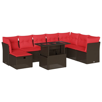 havesofasæt med 9 dele og hynder brun polyrattan