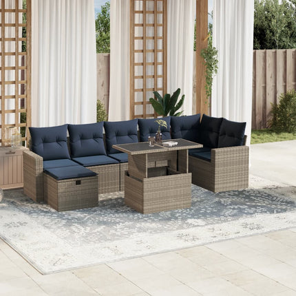 havesofasæt med 8 hynder grå polyrattan
