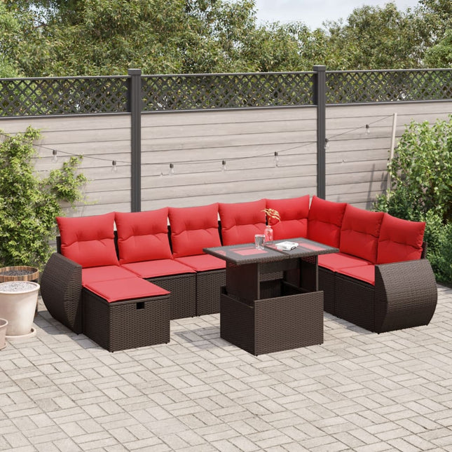 havesofasæt med 9 dele og hynder brun polyrattan