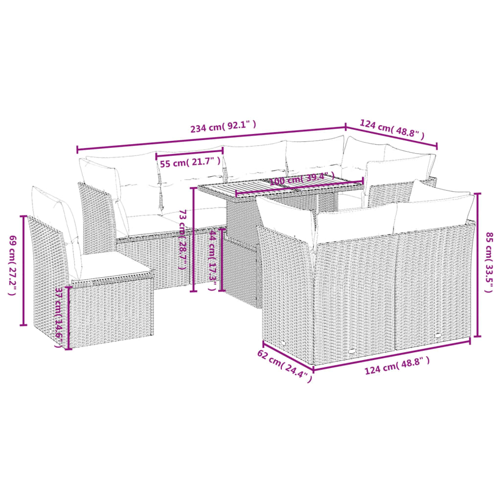 sofasæt til haven 9 dele med hynder polyrattan beige