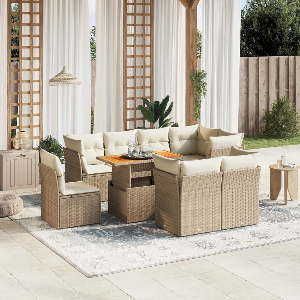 sofasæt til haven 9 dele med hynder polyrattan beige