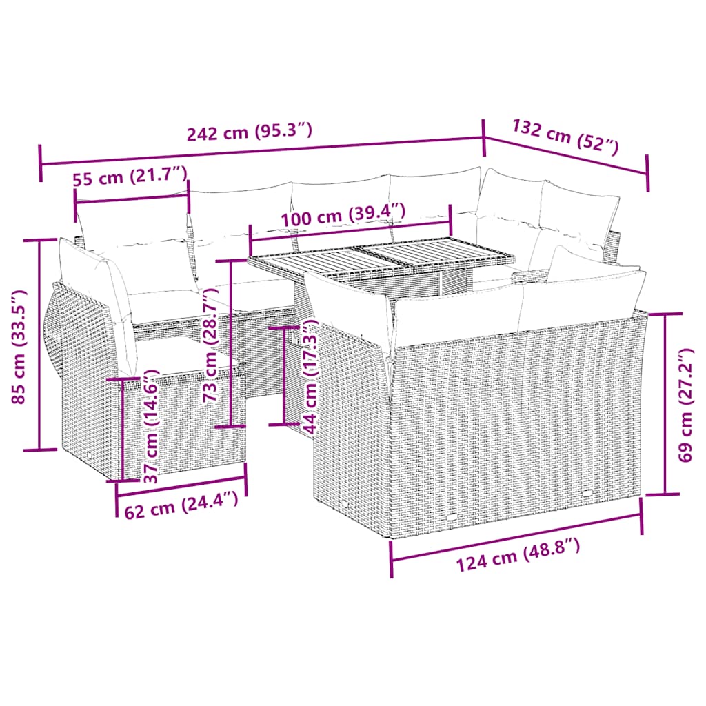 sofasæt til haven 9 dele med hynder polyrattan beige