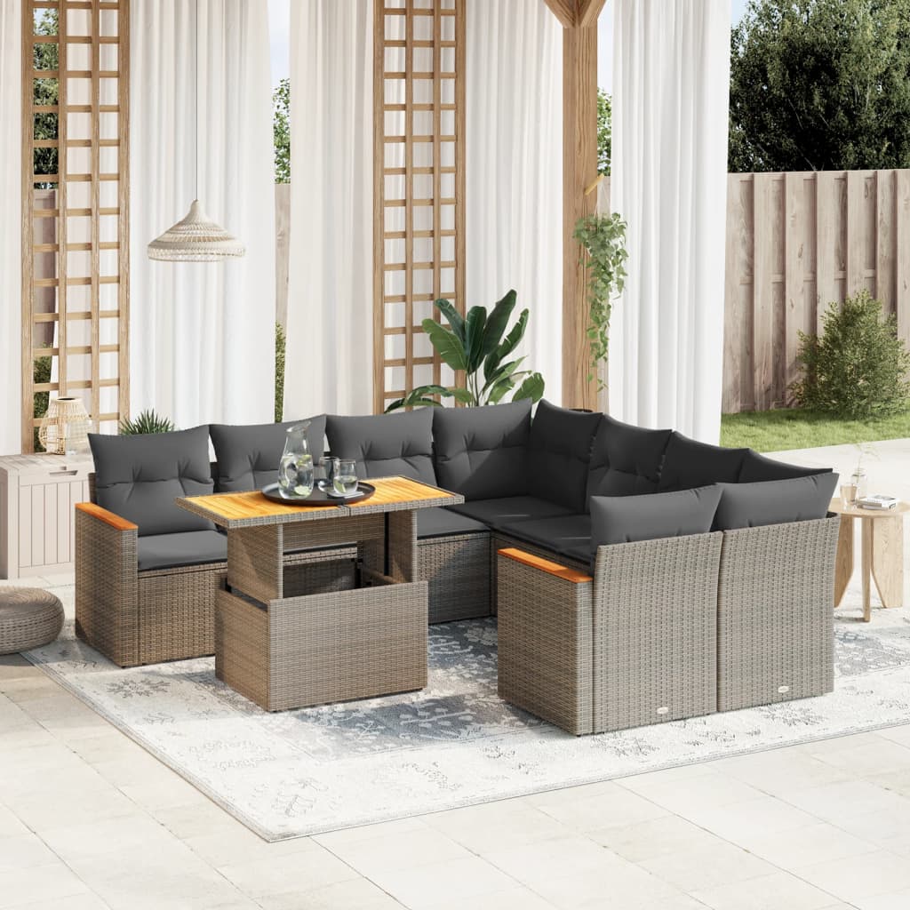 sofasæt til haven 9 dele med hynder polyrattan grå
