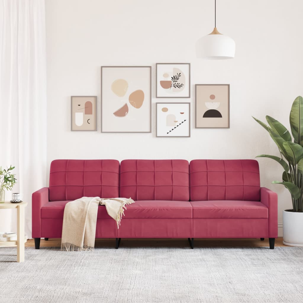 3-personers sofa 210 cm fløjl vinrød