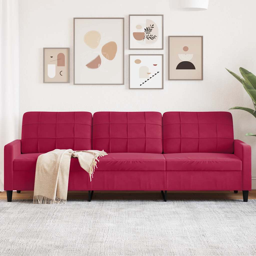 3-personers sofa i fløjl - vinrød, 210 cm sædebredde