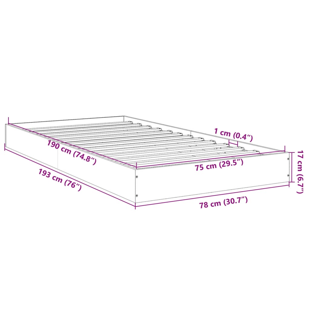 sengeramme 75x190 cm uden madras konstrueret træ brunt eg