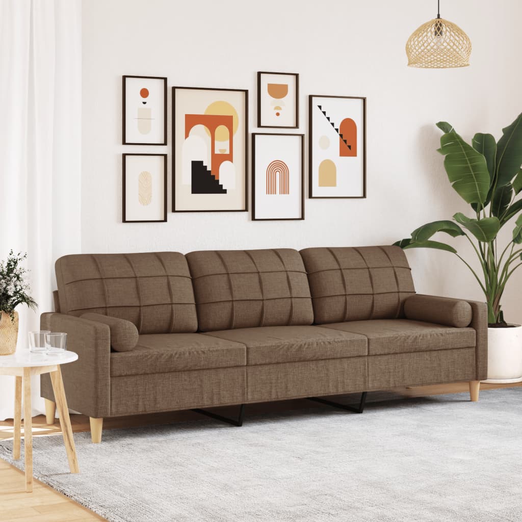3-personers sofa med pyntepuder - stof, brun, 210 cm sædebredde