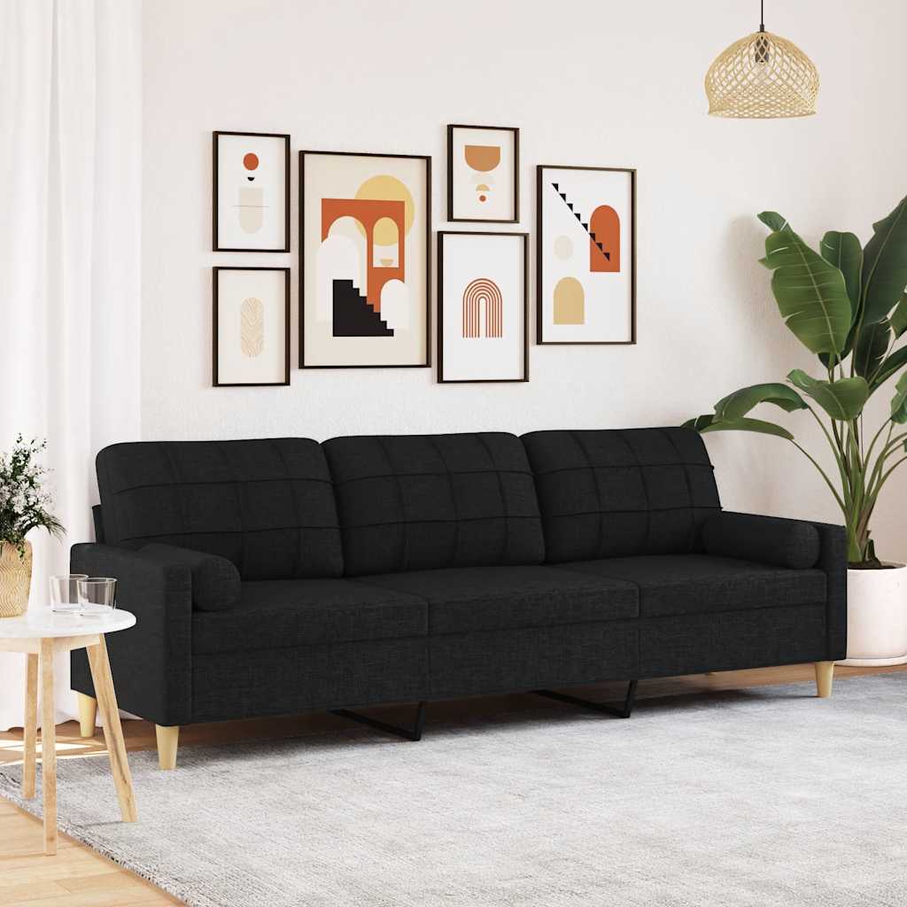 3-personers sofa med pyntepuder - stof, sort, 210 cm sædebredde