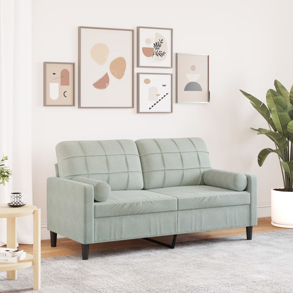 2-personers sofa i velour med pyntepuder - lysegrå, sædebredde 140 cm