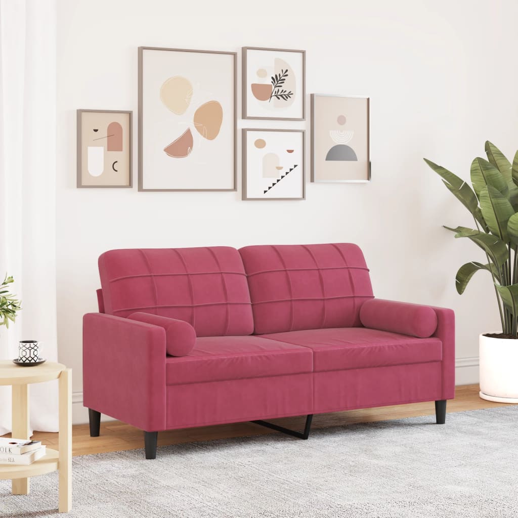 2-Personers Sofa Med Pyntepuder Velour - 140 cm / Vinrød