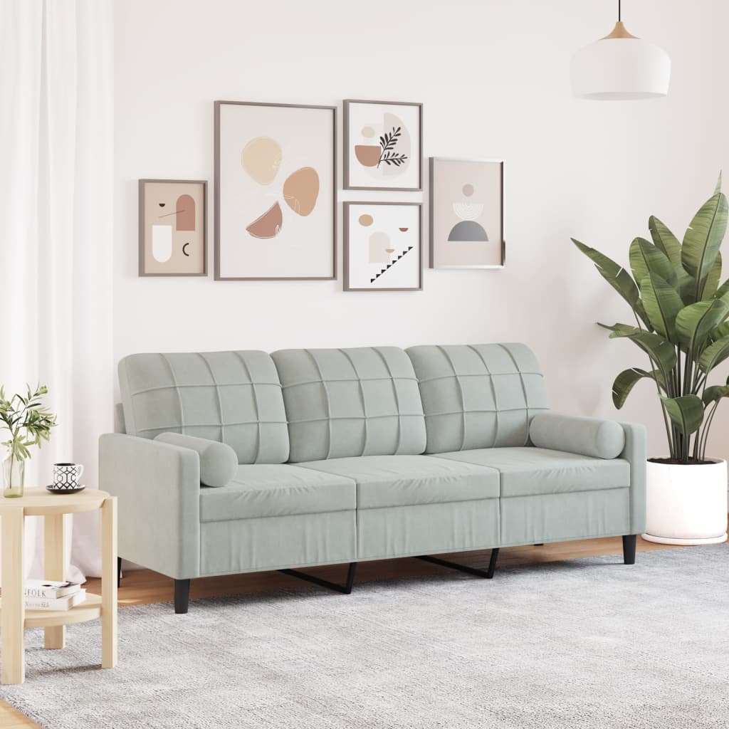 3-personers sofa i velour med pyntepuder, lysegrå - 180 cm siddebredde