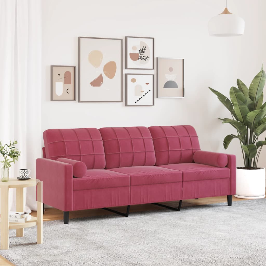 3-personers sofa i velour - vinrød, med pyntepuder (sædebredde 180 cm)