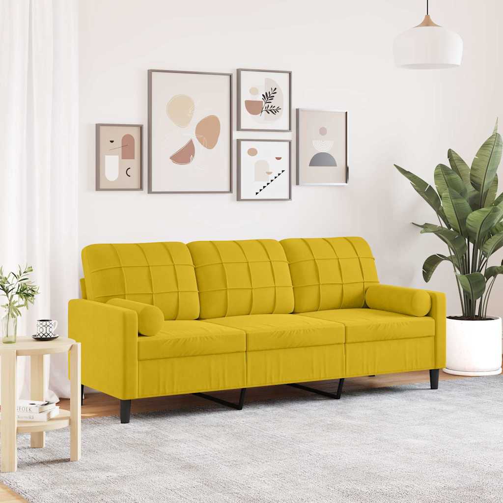 3-personers sofa i velour med pyntepuder - gul, sædebredde 180 cm