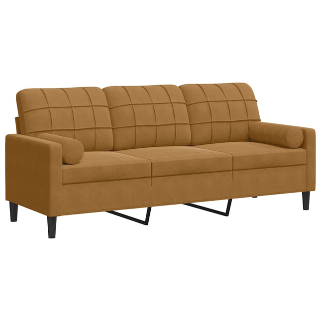 3-personers sofa med pyntepuder 180 cm velour brun