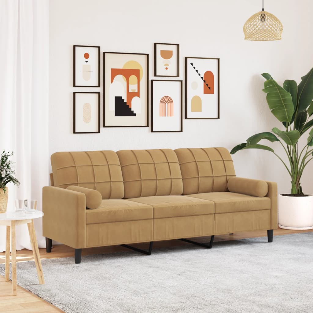 3-personers sofa med pyntepuder 180 cm velour brun