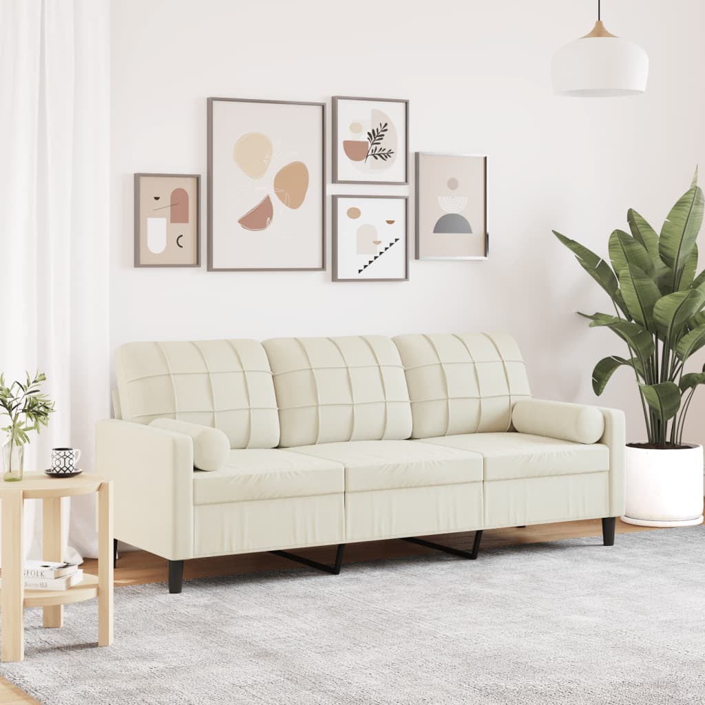 3-personers sofa med pyntepuder 180 cm velour cremefarvet