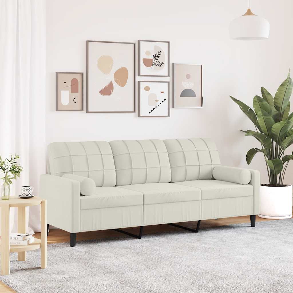 3-personers sofa med pyntepuder 180 cm velour cremefarvet