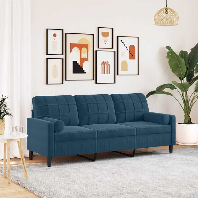 3-personers sofa med pyntepuder 180 cm velour blå