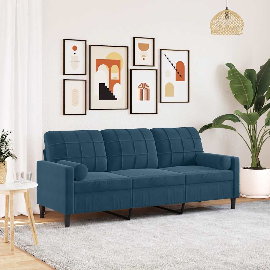 3-personers sofa i velour med pyntepuder - blå, sædebredde 180 cm