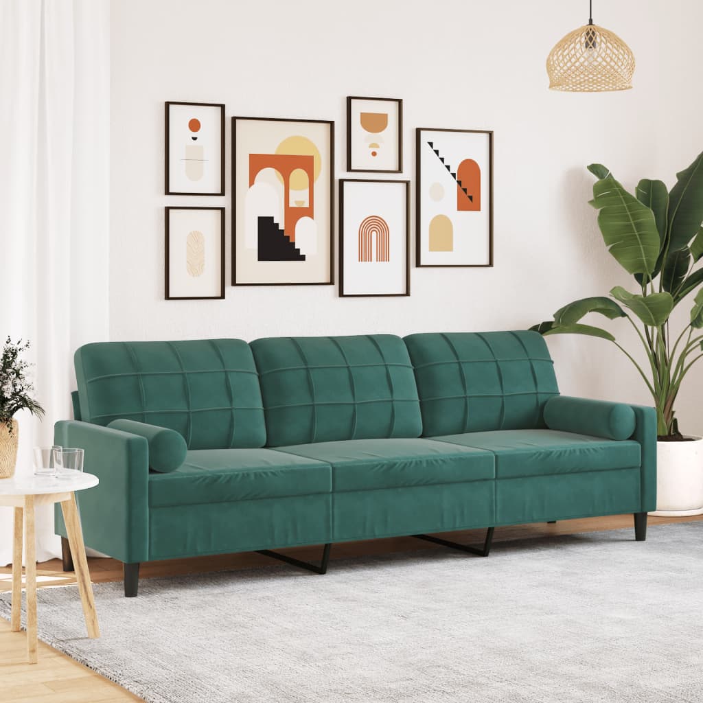 vidaXL 3-personers sofa med pyntepuder 210 cm fløjl mørkegrøn