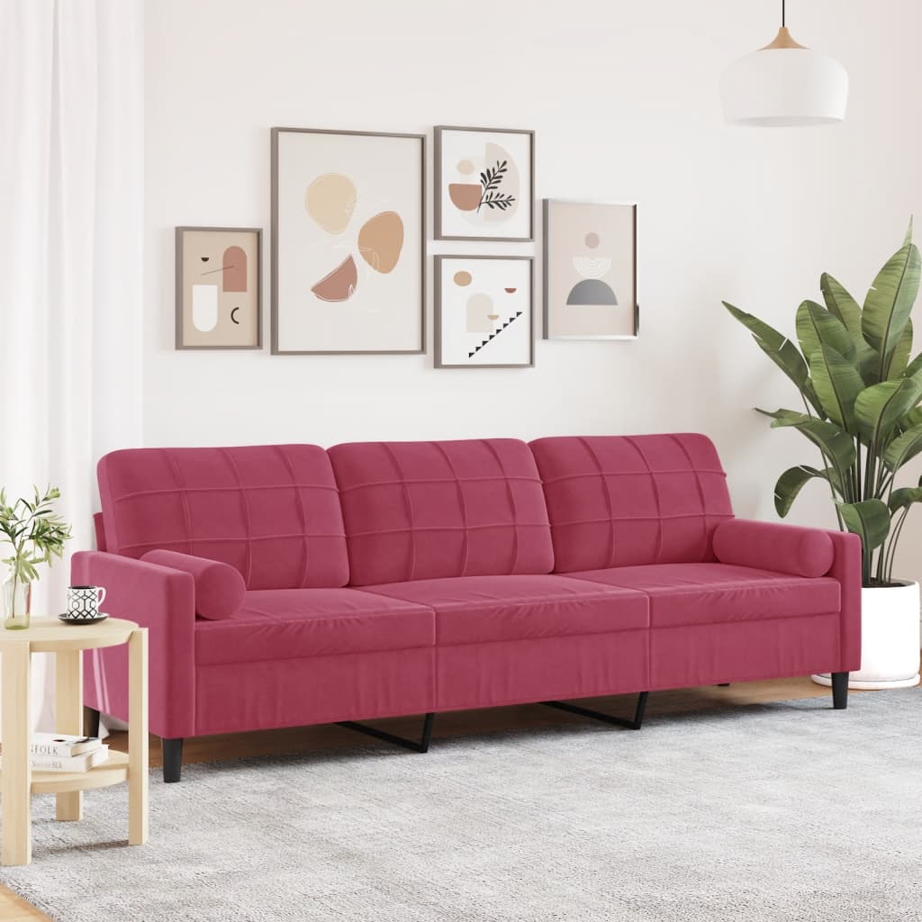 vidaXL 3-personers sofa med pyntepuder 210 cm fløjl vinrød