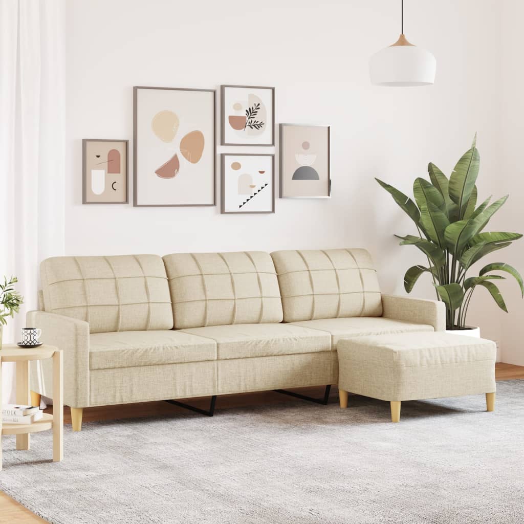 vidaXL 3-personers sofa med fodskammel 210 cm stof Cremefarvet