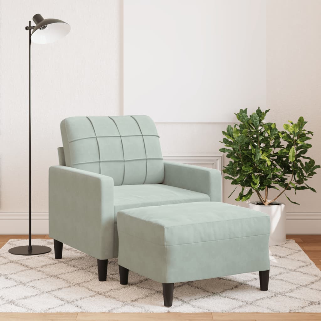 sofastol med fodskammel 60 cm velour lysegrå