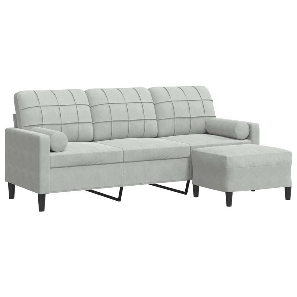3-personers sofa med fodskammel 180 cm velour lysegrå