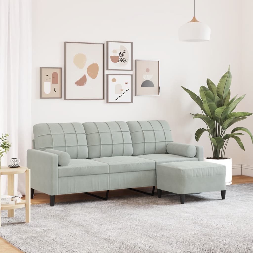 3-personers sofa med fodskammel 180 cm velour lysegrå